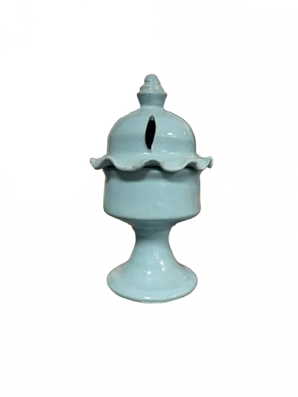 Majmar bleu ceramic incense burner in light blue with decorative ruffled rim and domed lid on pedestal base