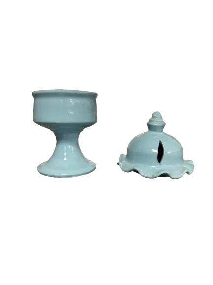 Majmar bleu ceramic incense burner in light blue with decorative lid, traditional mabkhar design featuring pedestal base
