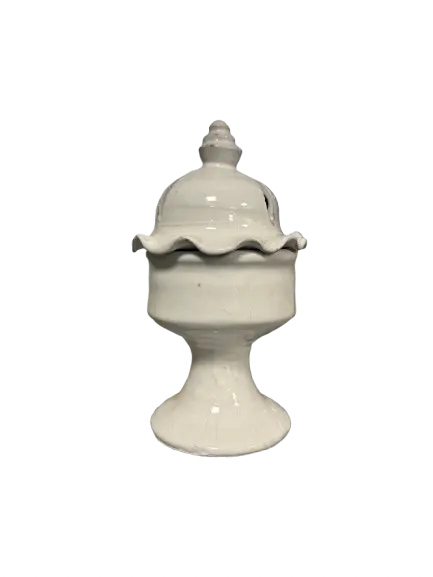 Majmar bleu ceramic incense burner with decorative dome lid and wavy rim detail on white pedestal base