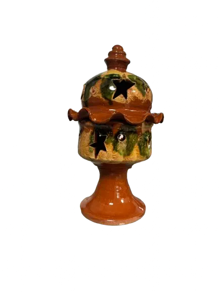 Majmar marron traditional Moroccan ceramic incense burner with star cutouts, brown glazed finish and decorative dome lid