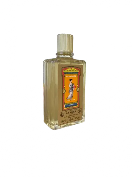 Lotion Pompeia 100ml by L.T Piver cologne bottle featuring vintage label with classical figure design in amber liquid