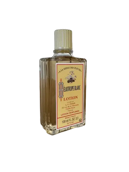 L.T Piver Heliotrope Blanc lotion in vintage-style glass bottle with ribbed cap and classic yellow label