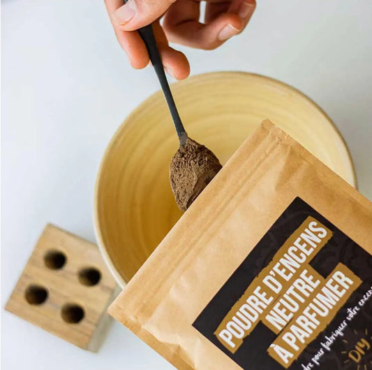 Neutral incense powder being scooped from kraft paper bag into yellow ceramic bowl, DIY incense making demonstration