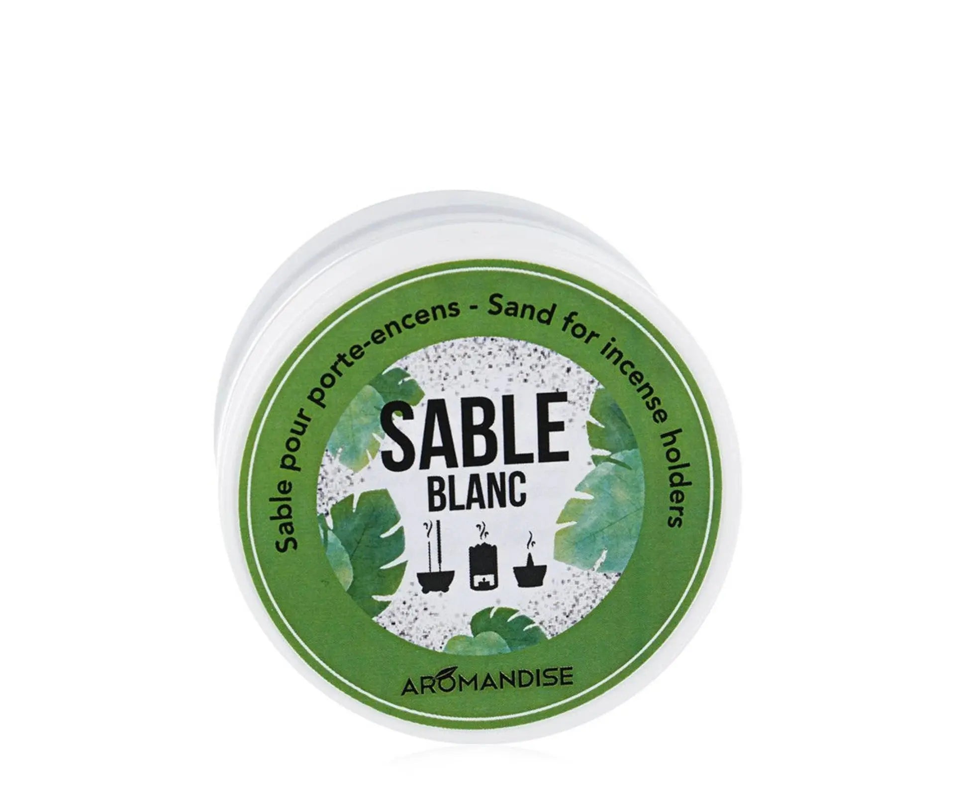 White sand for incense burners - Sable Blanc 100g in round container with green tropical leaf design label