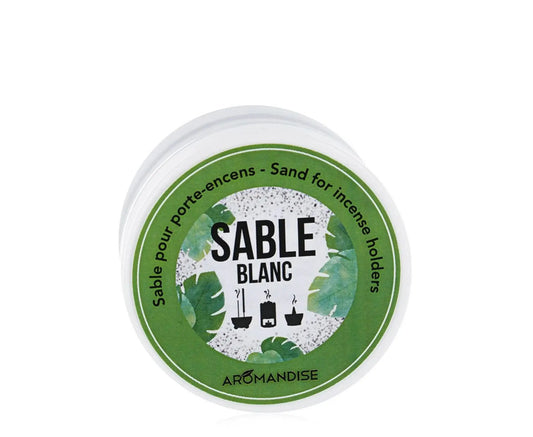White sand for incense burners - Sable Blanc 100g in round container with green tropical leaf design label
