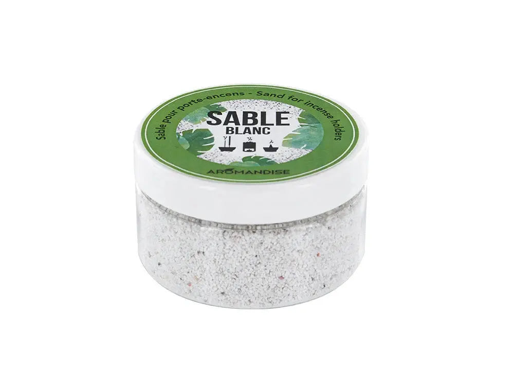 White sand for incense burner Sable Blanc in clear container with green label, 100g package for aromatherapy use