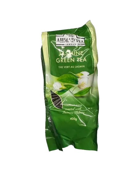 Ahmad Tea Jasmine Supreme green tea package with white jasmine flowers on green metallic packaging, 400g size