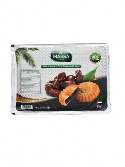 MASSA date paste from UAE with fresh dates and pastries shown on package, natural oriental confectionery, 900g pack