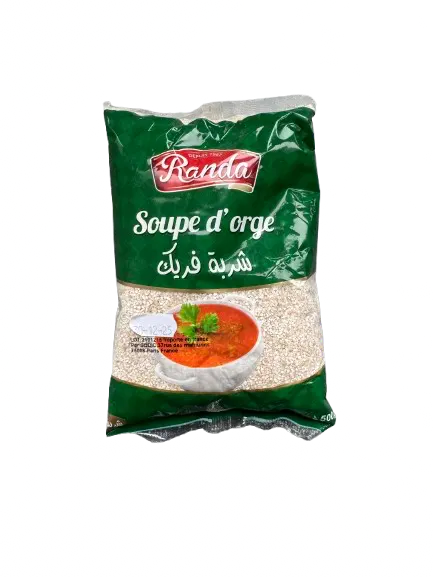 Randa brand Frik barley for chorba soup, 500g package with green packaging and soup bowl image