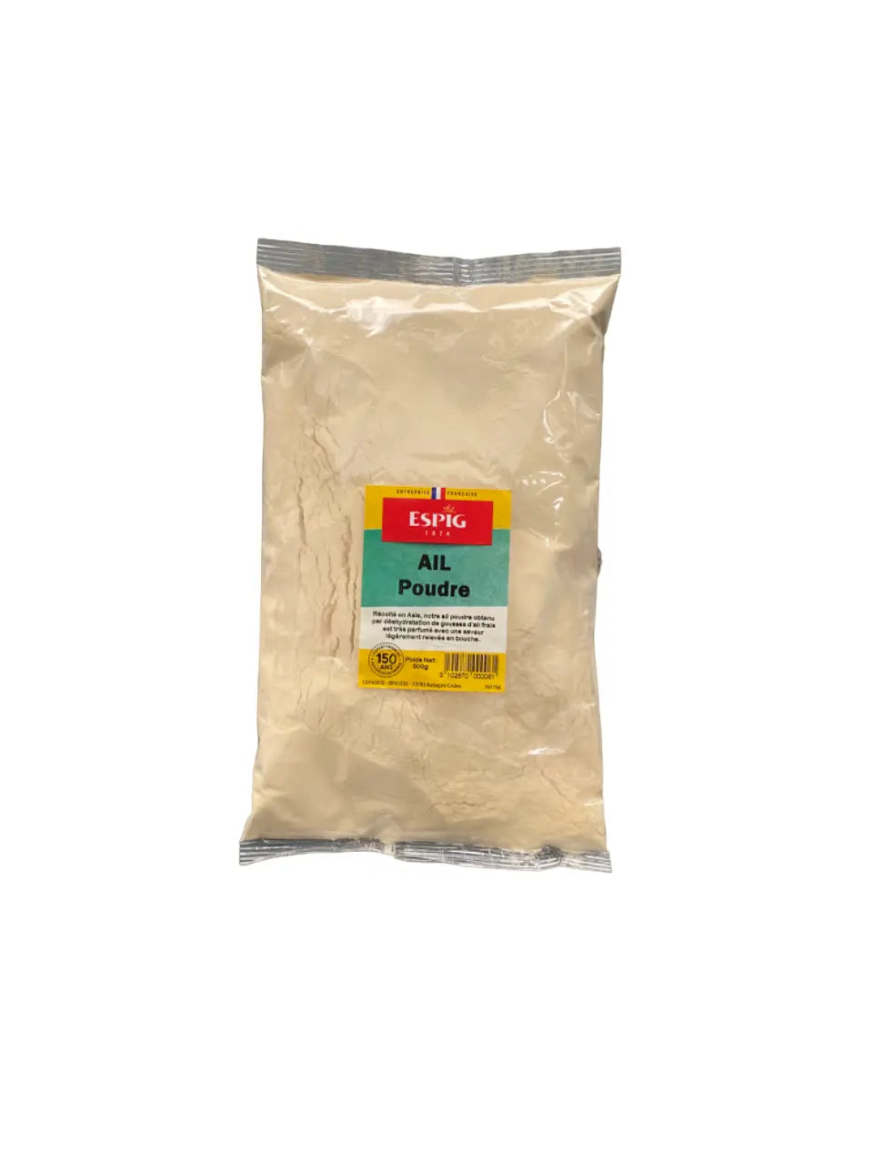 Ail poudre - 500g - Garlic powder in clear plastic packaging with Espig brand label, showing fine beige powder made from dehydrated Asian-sourced garlic cloves, sealed in a commercial-grade bag with silver trim