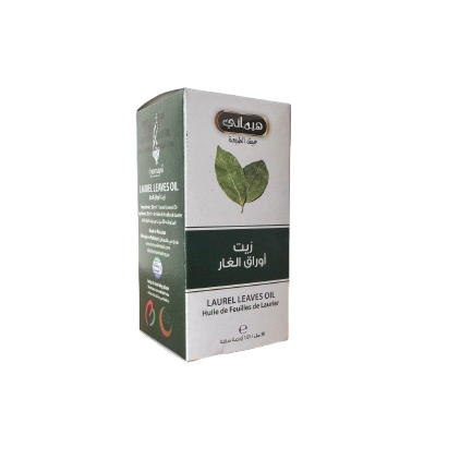 30ml bottle of laurel leaves oil in green and white packaging with Arabic text and bay leaf illustration