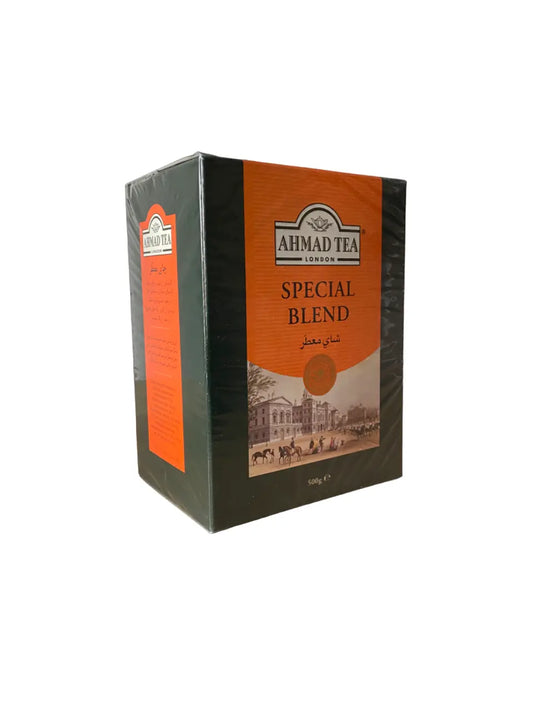 Ahmad Tea Special Blend 500g box featuring vintage London scene on orange and black packaging, premium bergamot-flavored Sri Lankan tea blend with Arabic text, displaying classic Ahmad Tea branding and traditional design elements