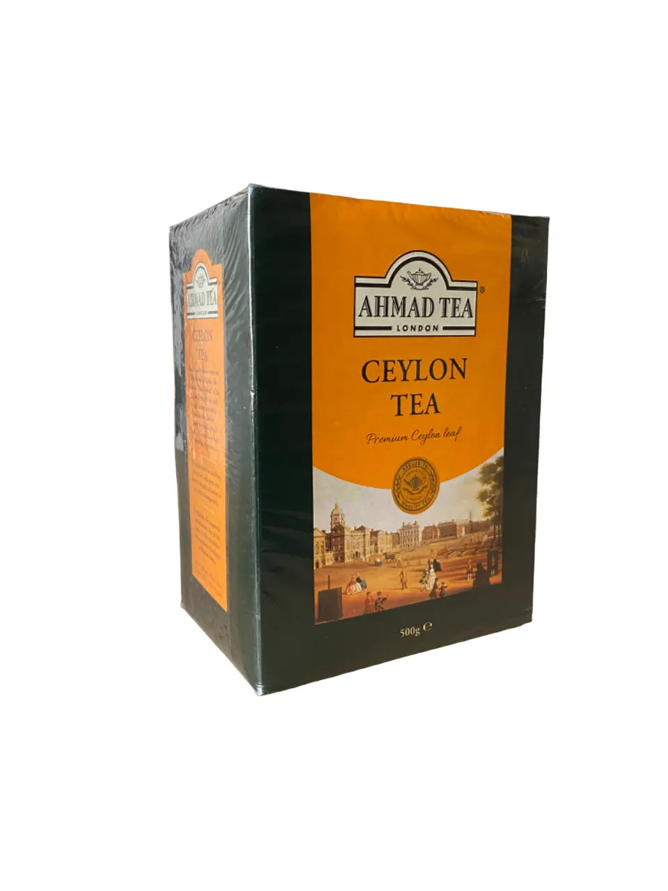Ahmad Tea Ceylon Tea box featuring premium Ceylon leaf tea, 250g/500g package with orange and black design, displaying vintage illustration of colonial architecture and London branding on the front panel