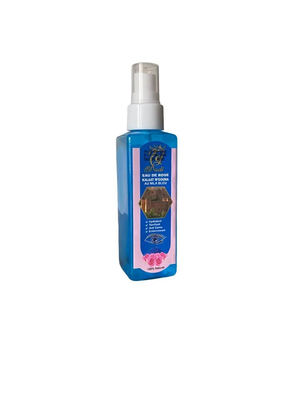 Natural rose water spray with blue indigo, Eau de rose au Nila 100ml bottle with white pump sprayer in bright blue liquid