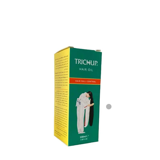 TRICHUP Hair Fall Control Oil 100ml bottle with green and yellow packaging showing hair care instructions