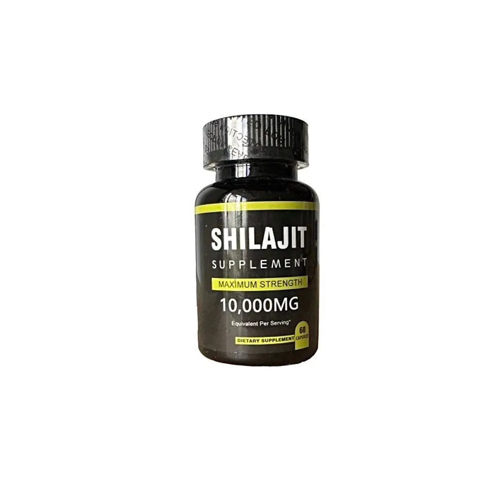 Shilajit maximum strength 10000mg supplement bottle with black label and yellow accent, 60 capsules, made in USA Halal