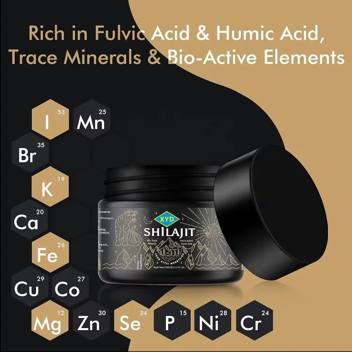 Pure Shilajit Himalayan Mountain Resin jar with mineral composition display showing fulvic acid, humic acid and trace elements content