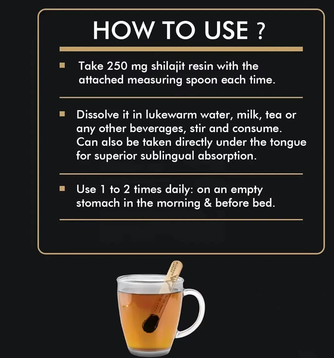 Pure Shilajit Himalayan resin usage instructions showing dosage and preparation with measuring spoon in tea cup