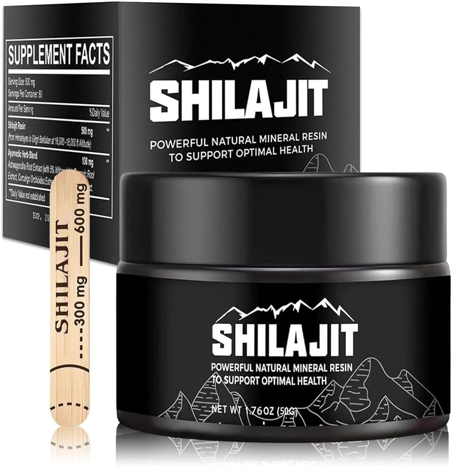 Pure Shilajit Himalayan Mountain Resin 50g jar with supplement facts panel and wooden measuring spoon, black packaging design