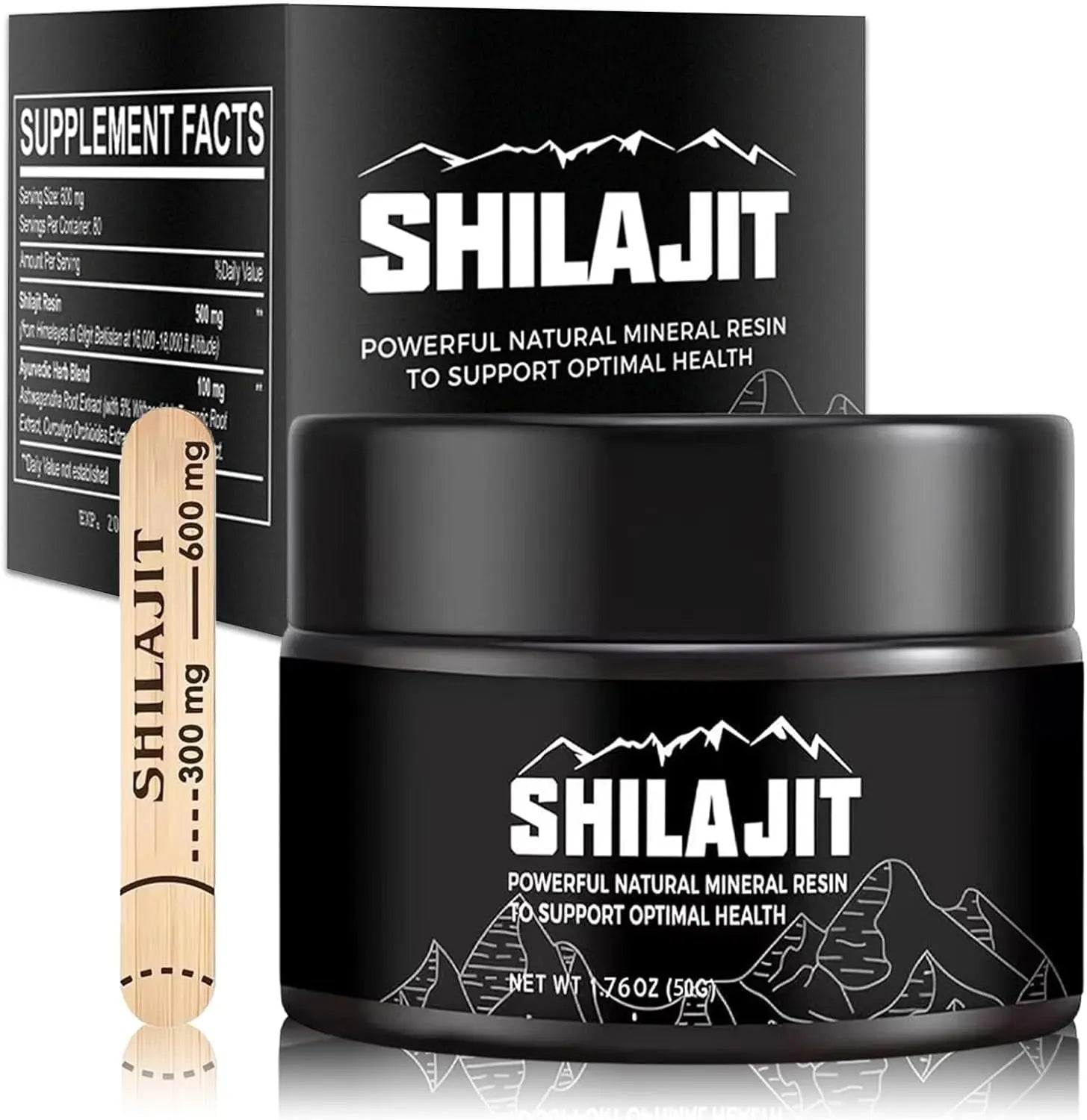 Pure Shilajit Himalayan Mountain Resin 50g jar with supplement facts panel and wooden measuring spoon, black packaging design