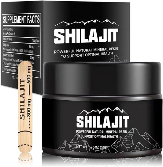 Pure Shilajit Himalayan Mountain Resin 50g jar with supplement facts panel and wooden measuring spoon, black packaging design