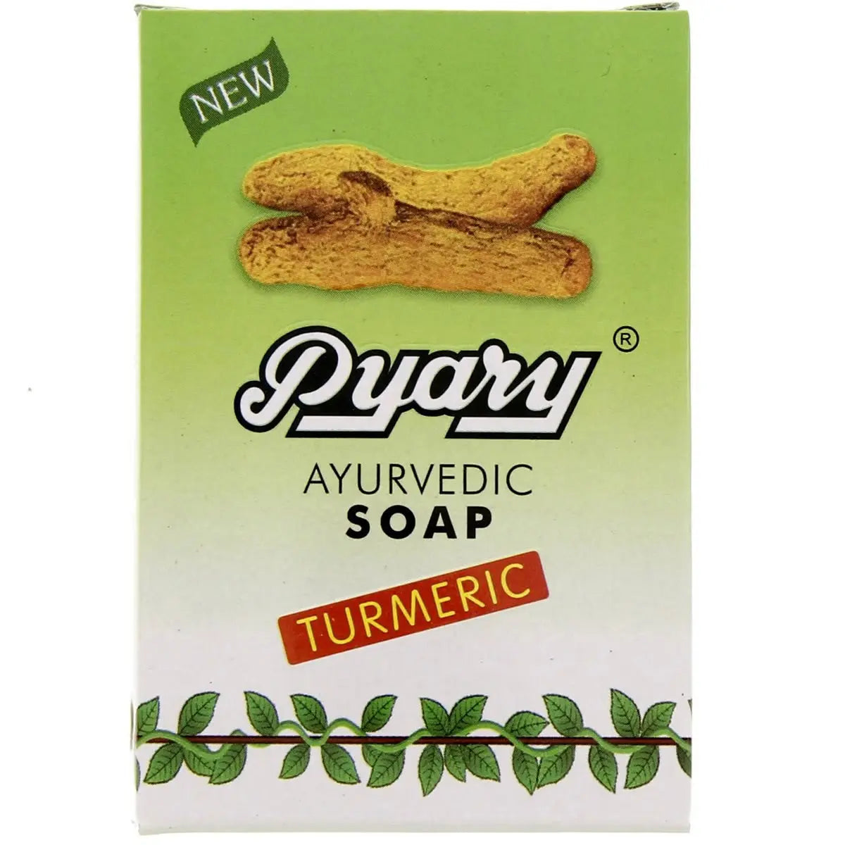 Pyary Ayurvedic Turmeric Soap packaging with turmeric root illustration on green background and decorative leaf border