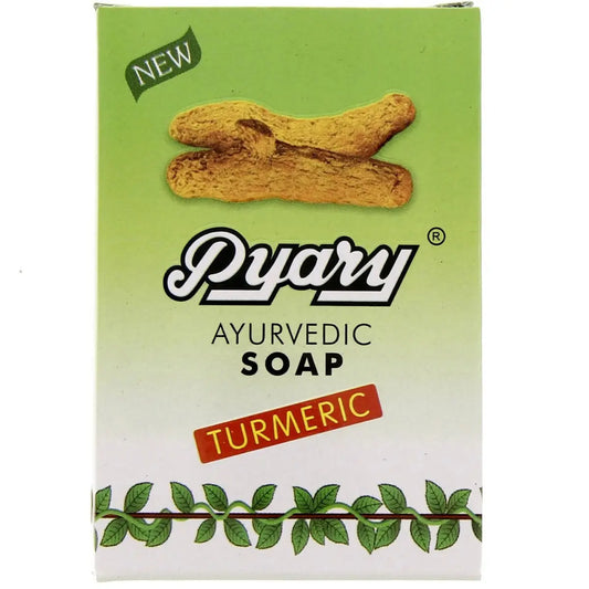 Pyary Ayurvedic Turmeric Soap packaging with turmeric root illustration on green background and decorative leaf border