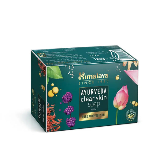 Himalaya Ayurveda Clear Skin Soap 125g box with lotus flower and berries on green packaging with gold accents