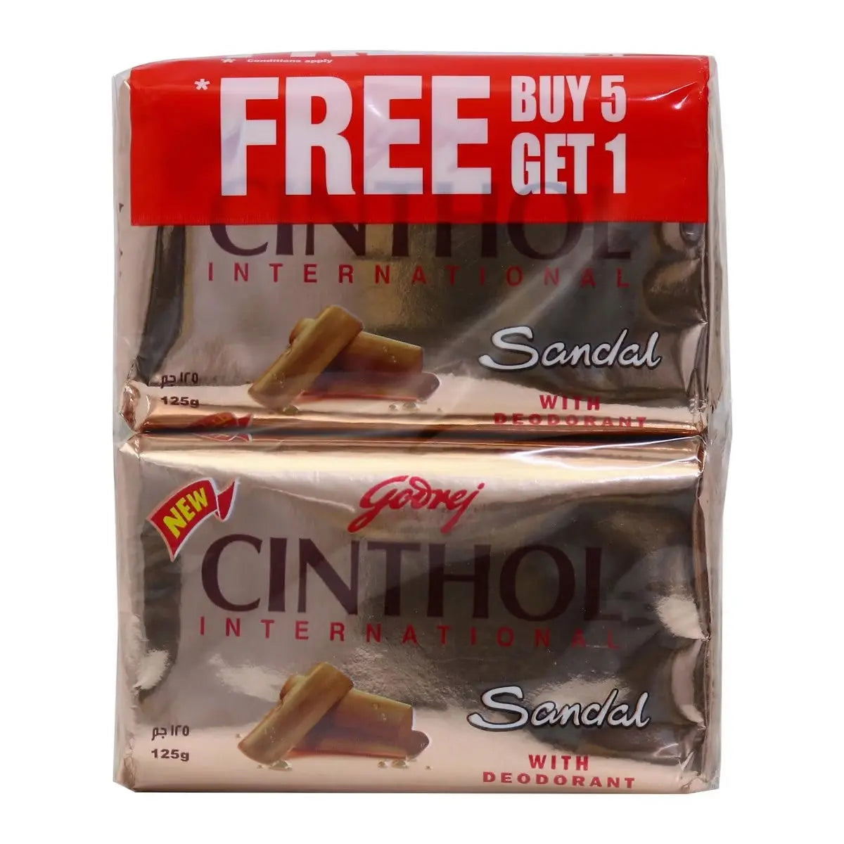 Cinthol Sandal Soap 125g promotional pack showing buy 5 get 1 free offer with deodorant formula in silver packaging