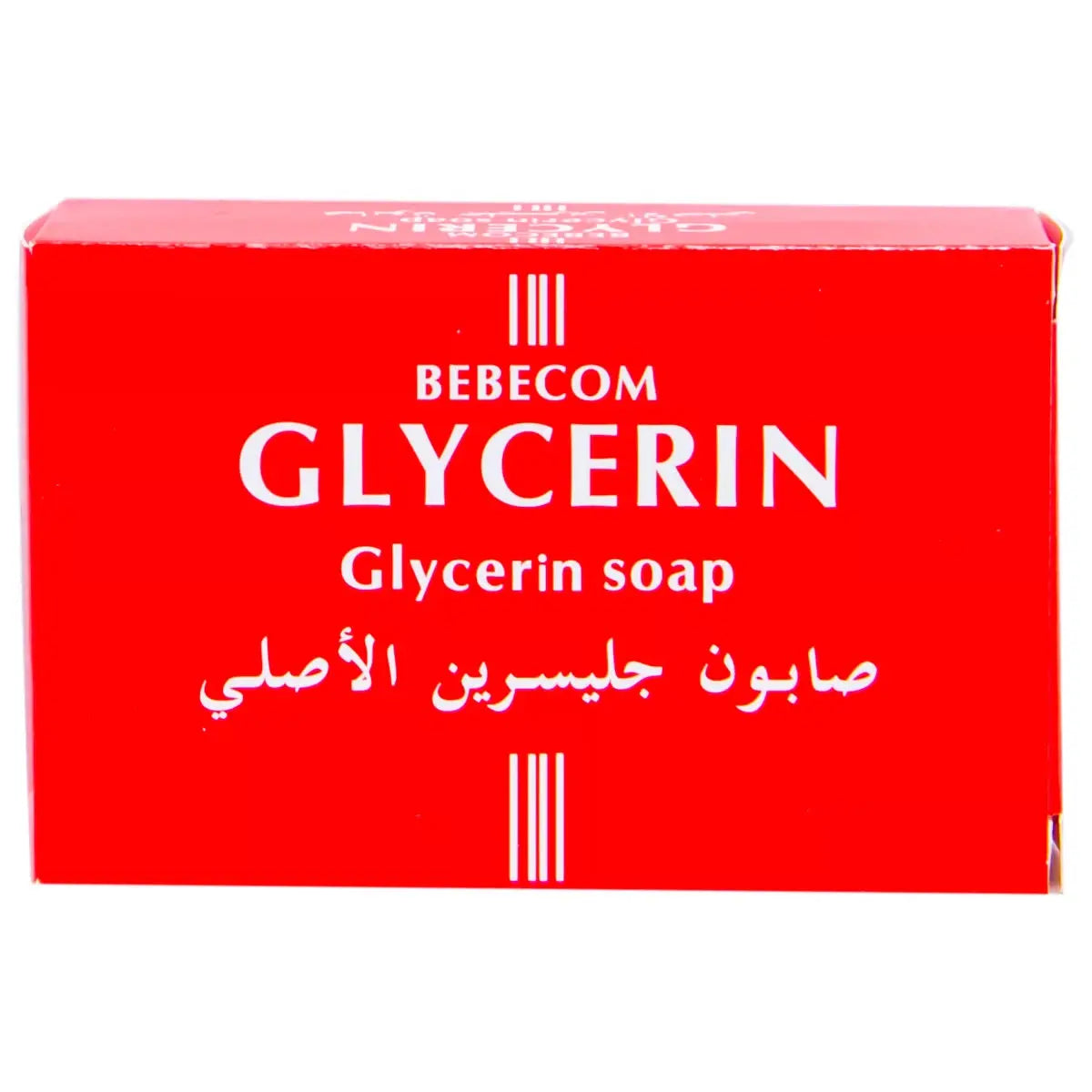 Bebecom Glycerin Soap 125g in red packaging with white text and Arabic script, moisturizing bar soap for all skin types