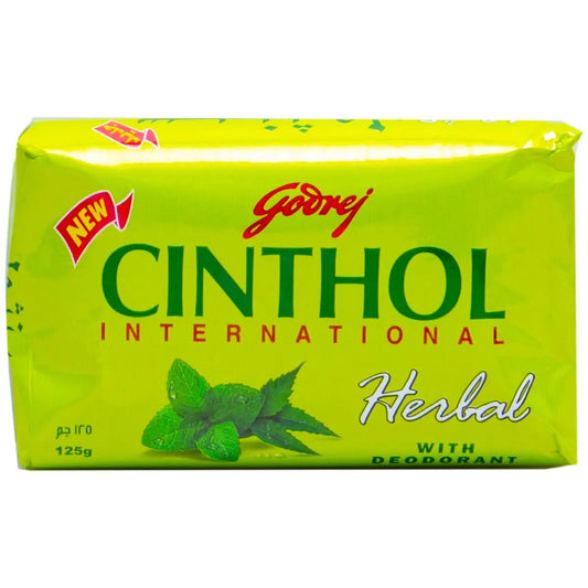 Cinthol Herbal With Deodorant Soap 125g pack featuring bright green packaging with mint leaf design and red logo