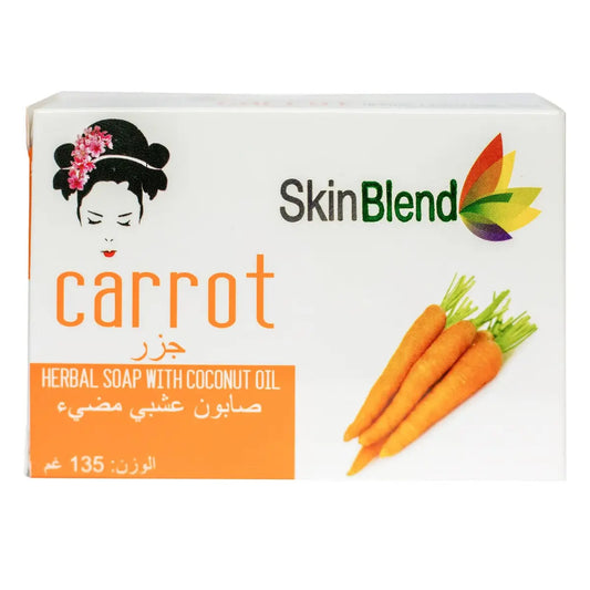 Skin Blend Carrot Herbal Soap with Coconut Oil package showing product box and fresh carrots on white background