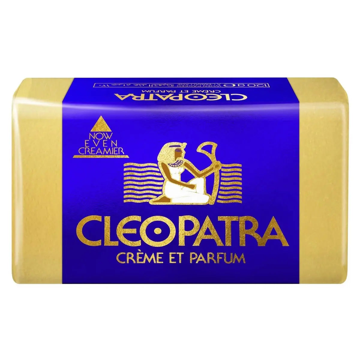 Cleopatra Beauty Soap bar in cream color with royal blue packaging and golden Egyptian-style logo and design
