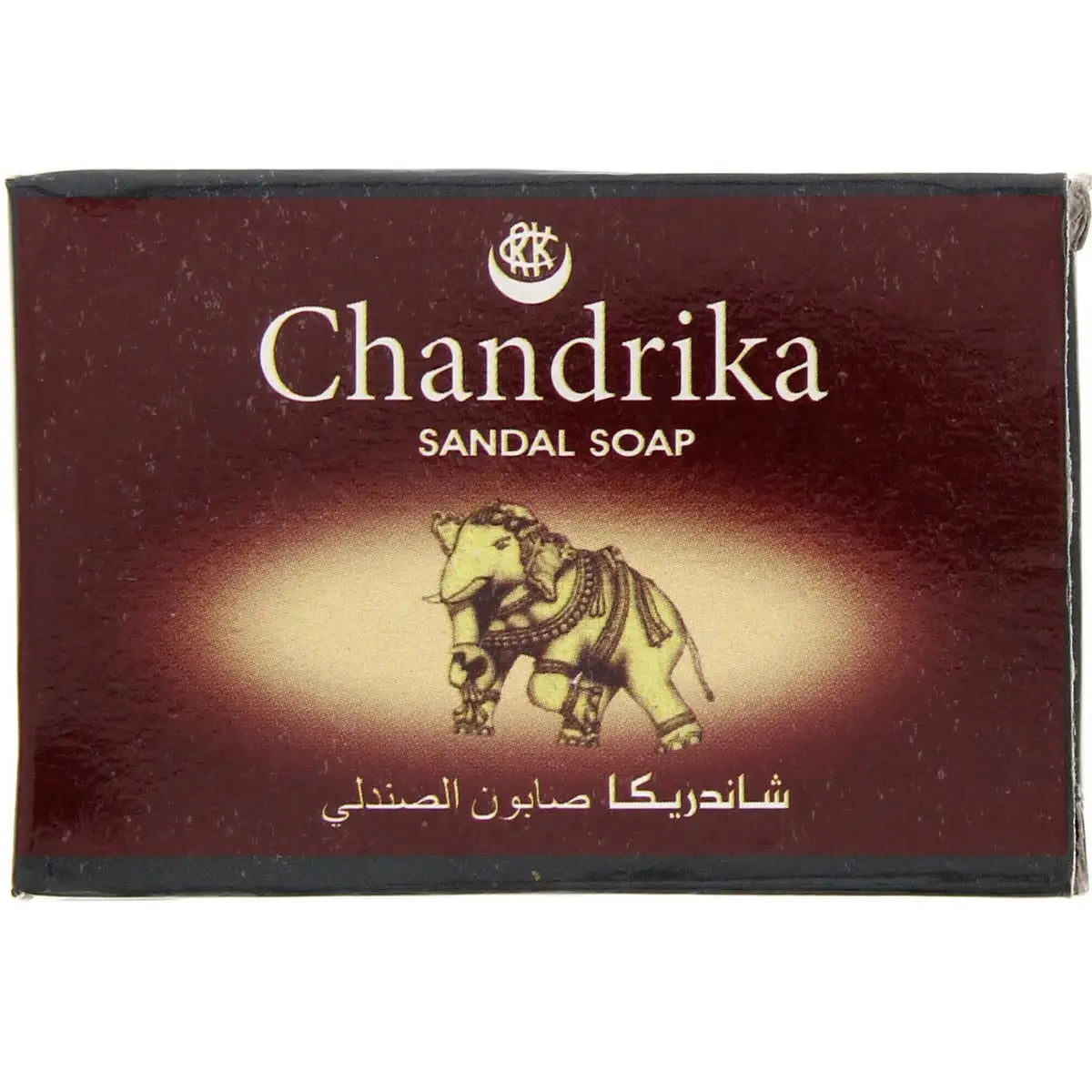 Chandrika Sandal Soap 75g packaging with traditional elephant design on maroon box for natural skin care and complexion