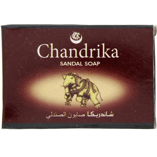 Chandrika Sandal Soap 75g packaging with traditional elephant design on maroon box for natural skin care and complexion