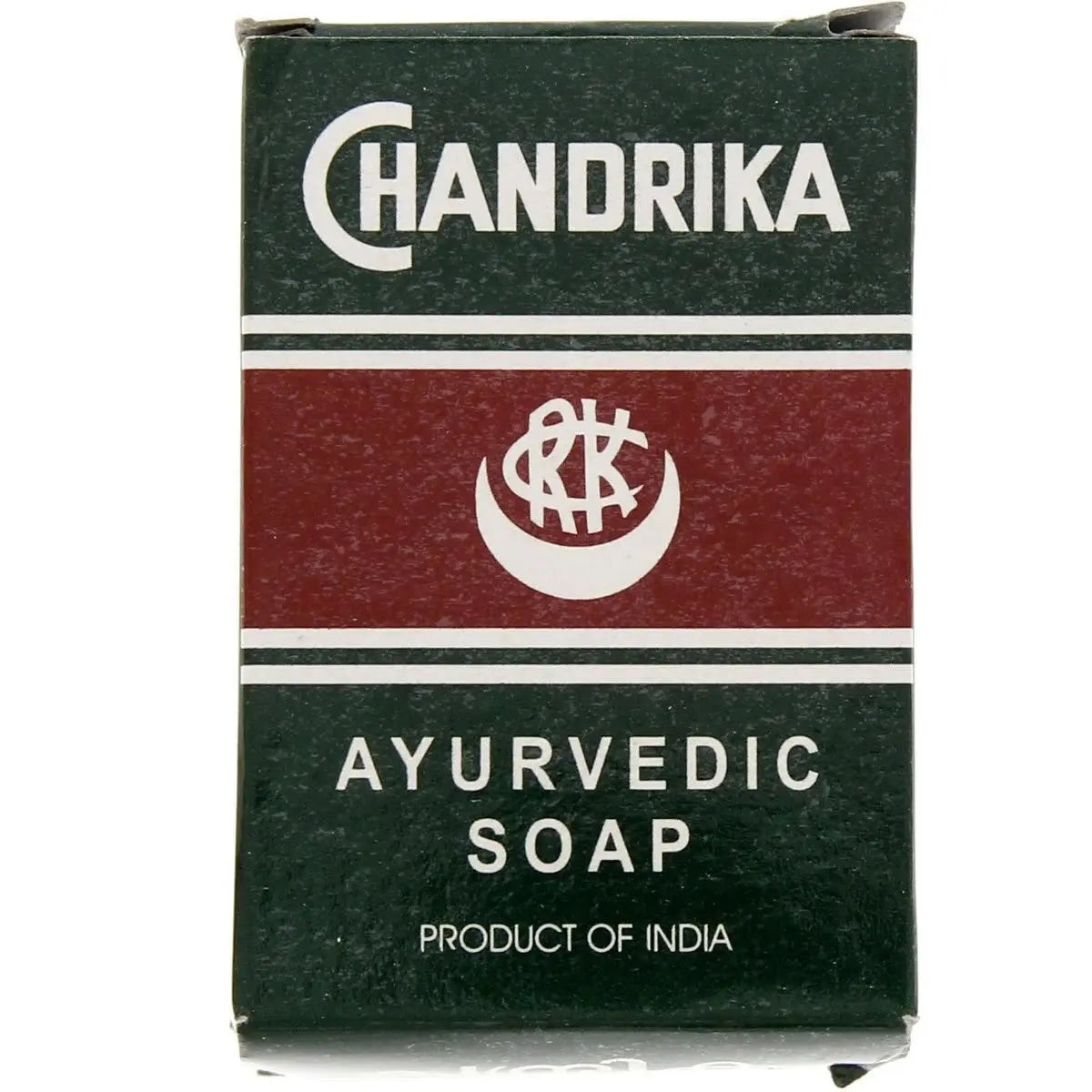 Chandrika Ayurvedic Soap 75g box showing traditional green and red packaging design with brand logo and Made in India text