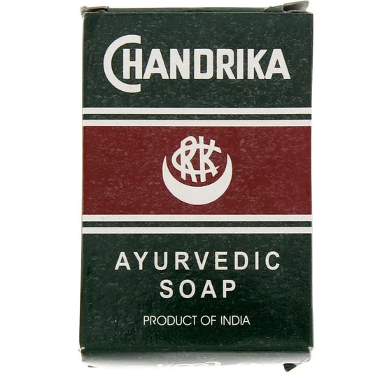 Chandrika Ayurvedic Soap 75g box showing traditional green and red packaging design with brand logo and Made in India text