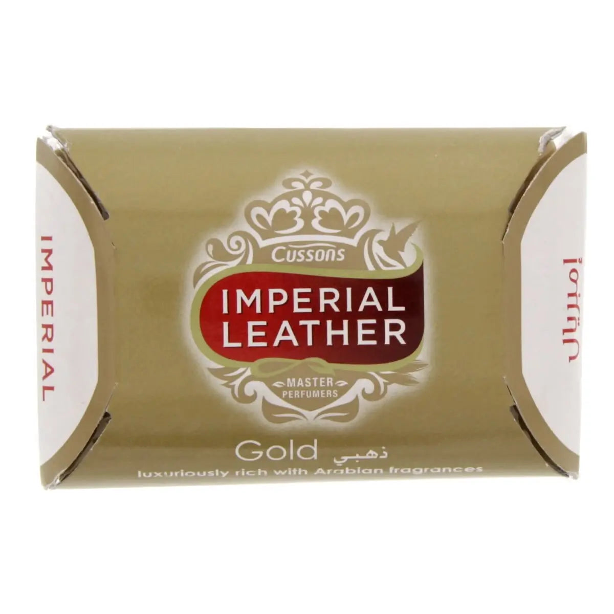 Imperial Leather Gold luxury soap bar with ornate logo on golden packaging, featuring premium Arabian fragrances