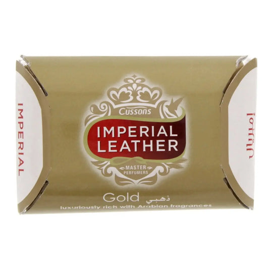 Imperial Leather Gold luxury soap bar with ornate logo on golden packaging, featuring premium Arabian fragrances