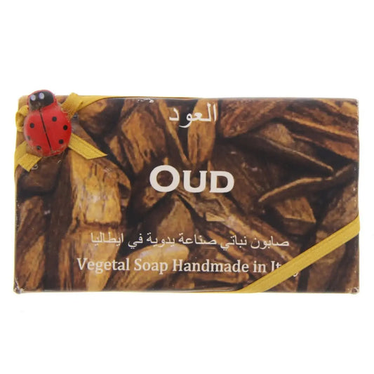 Alchimia Oud Vegetal Soap bar with brown wooden texture design and decorative ladybug ornament on yellow ribbon accent