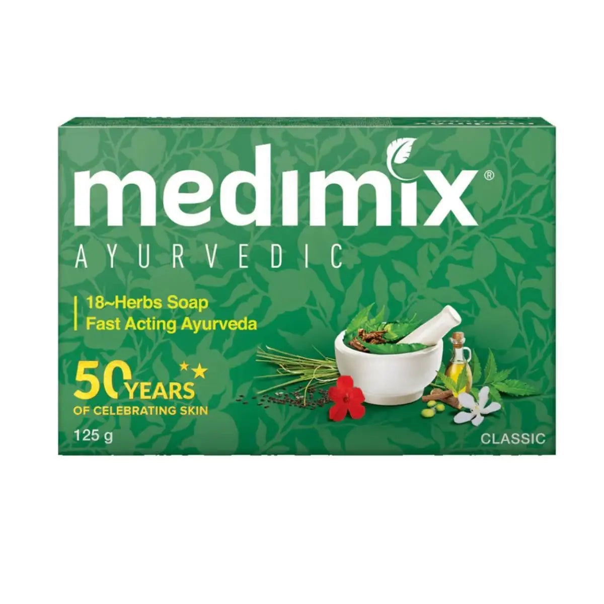 Medimix Ayurvedic Classic 18 Herbs Soap 125g in green packaging with herbal ingredients illustration and 50 years heritage logo