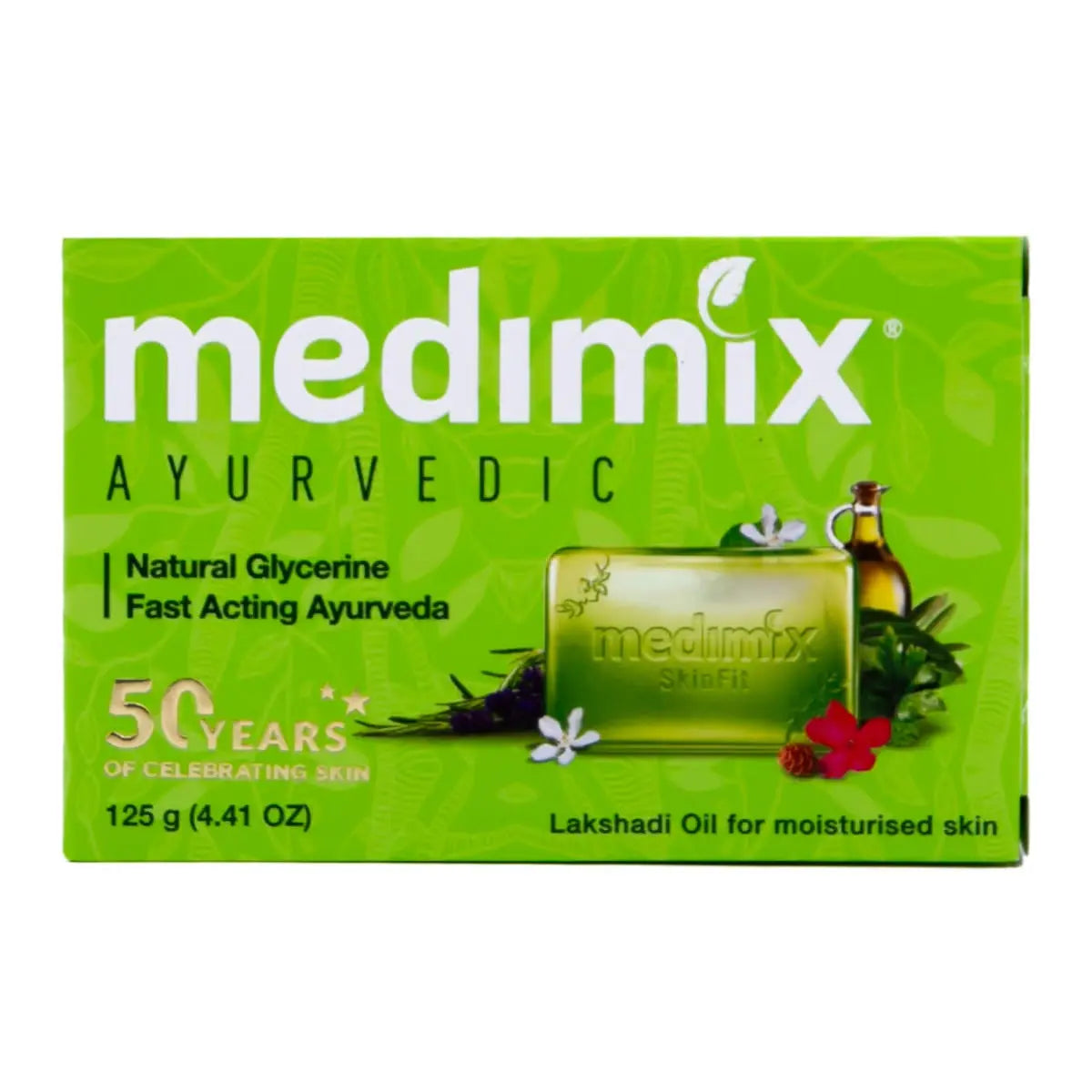 Medimix Ayurvedic Glycerine Lakshadi Oil Soap packaging showing green box with natural ingredients and moisturizing soap bar