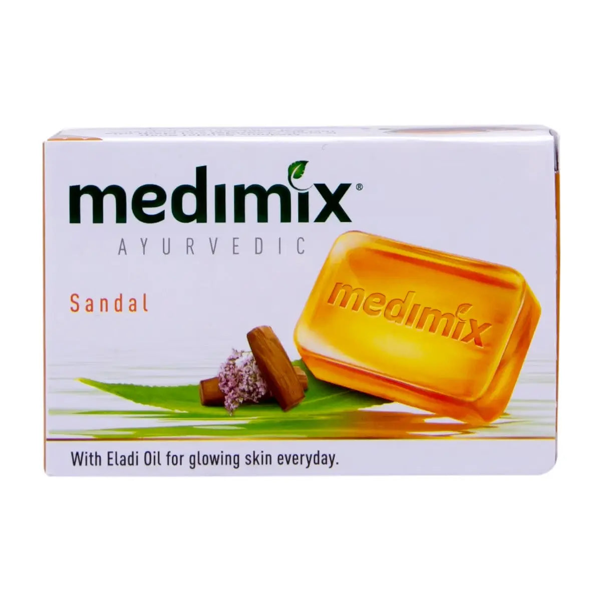 Medimix Sandal Soap with Eladi Oil 125g box showing orange soap bar and sandalwood sticks on white background