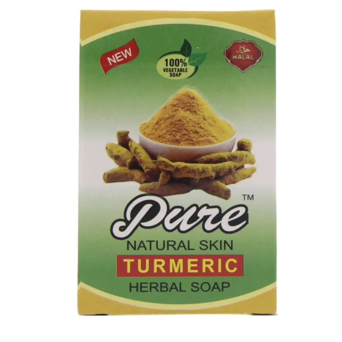 Pure Natural Skin Turmeric Herbal Soap packaging showing turmeric powder and roots on green gradient background