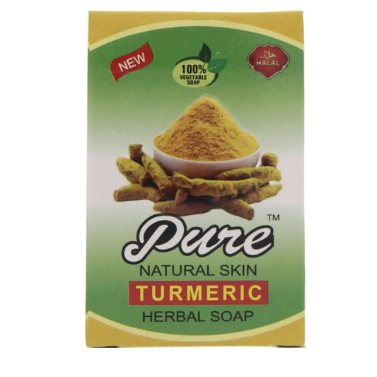 Pure Natural Skin Turmeric Herbal Soap packaging showing turmeric powder and roots on green gradient background