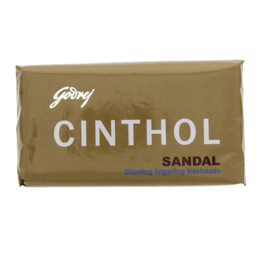 Godrej Cinthol Sandal soap bar in brown packaging with white text showing the brand name and sandalwood variant
