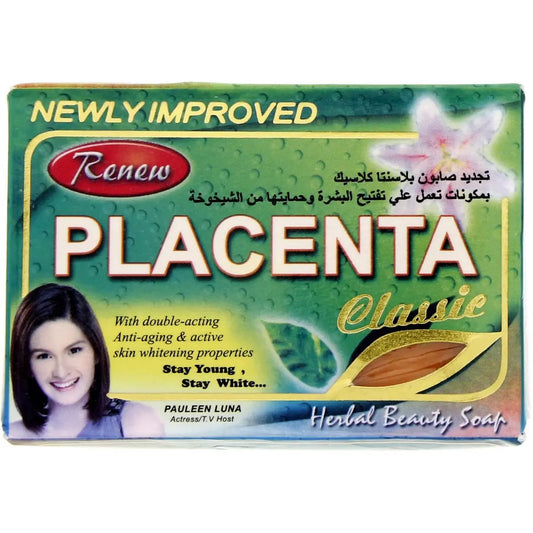 Renew Placenta Classic Herbal Beauty Soap in green packaging, showing anti-aging and skin whitening properties