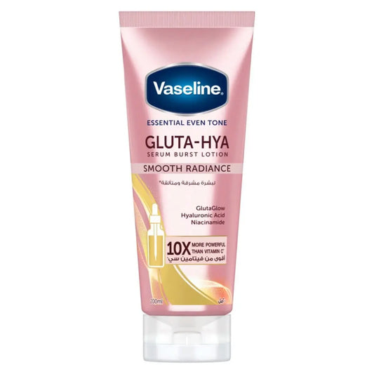 Vaseline Essential Even Tone Gluta-Hya Serum Burst Lotion in pink tube with golden accent, showing 10X power formula
