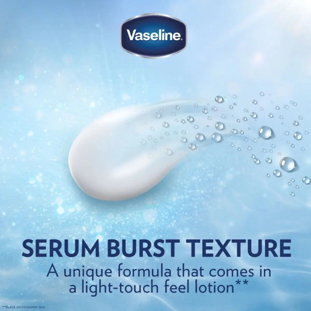 Vaseline Essential Even Tone Gluta-Hya Serum Burst lotion splash with water droplets against blue sky background showing light texture