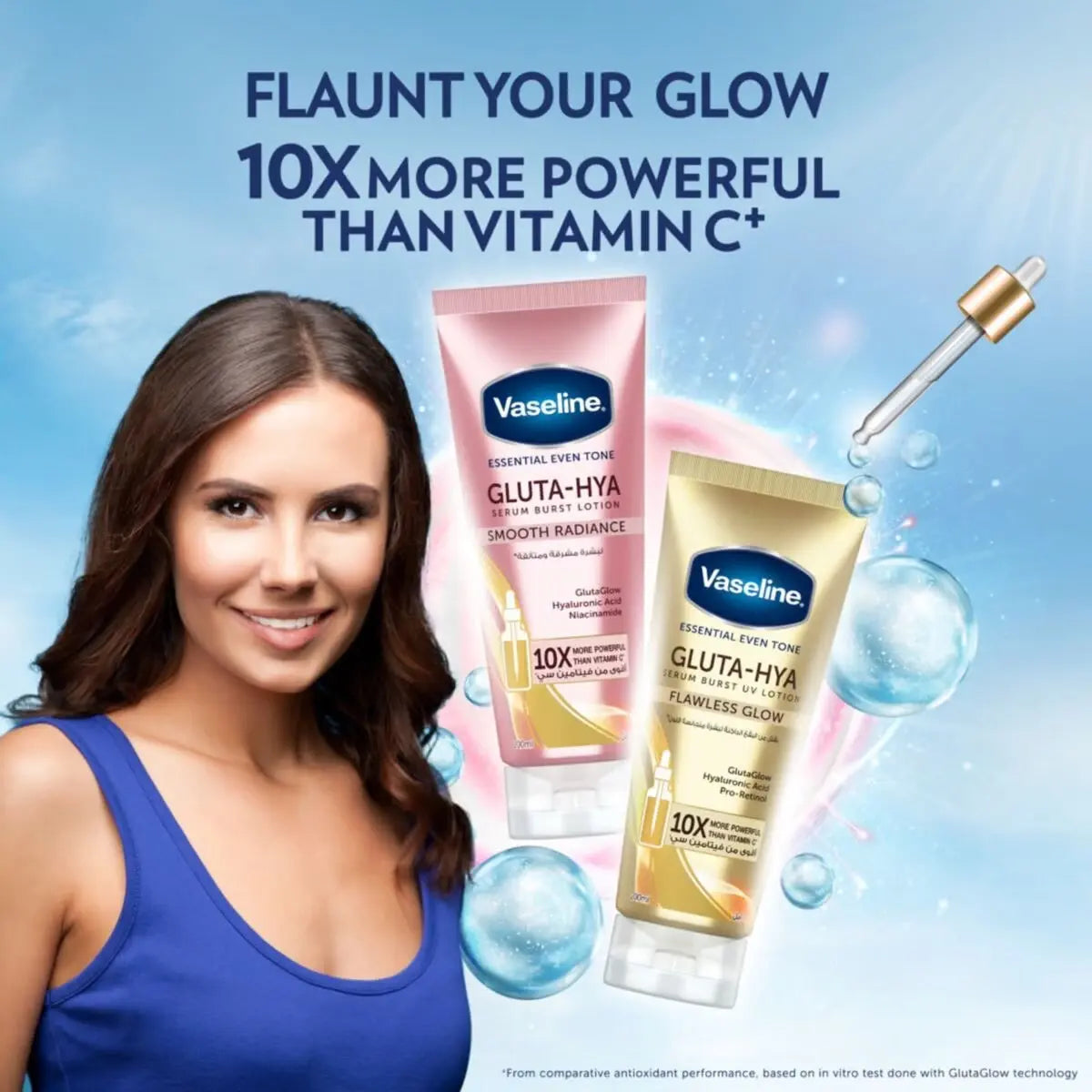 Vaseline Gluta-Hya Serum Burst UV Lotion bottles shown with water droplets and glowing effects on blue gradient background